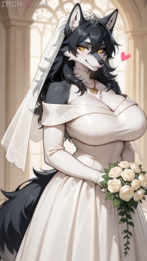 Anthropomorphic wolf bride with black hair and yellow eyes, wearing a white gown and veil while holding a bouquet of white roses.