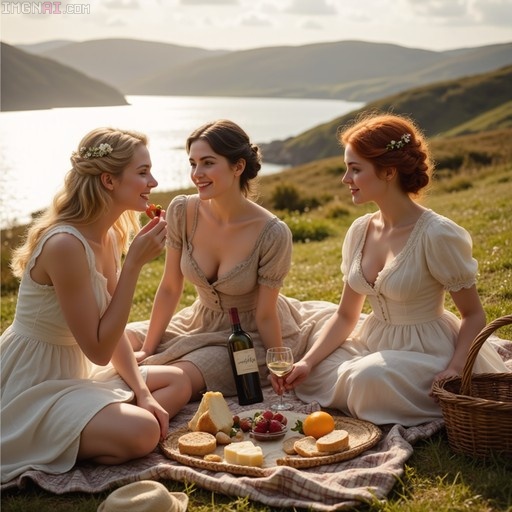 Three women in period dresses sitting on a blanket for a picnic with cheese and fruit, overlooking a bay and hills at sunset.