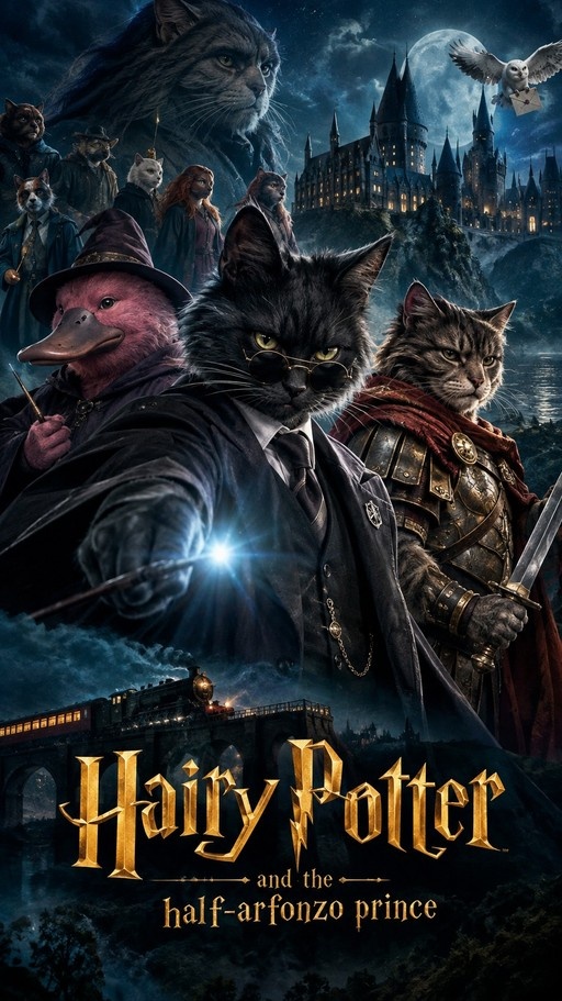 A movie poster featuring anthropomorphic cats and a platypus dressed as wizards in front of Hogwarts Castle.