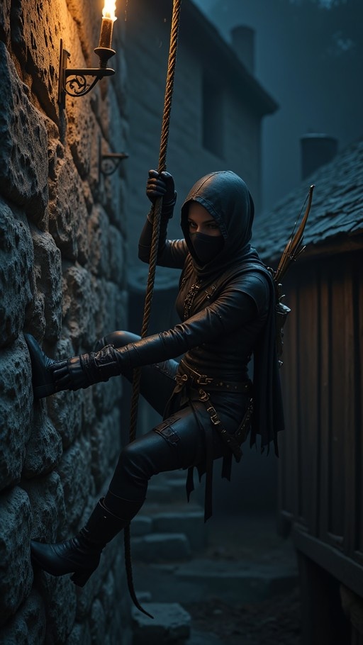 A hooded female rogue in black leather climbs a rope up a stone wall at night, illuminated by a candle sconce, with a quiver of arrows on her back.