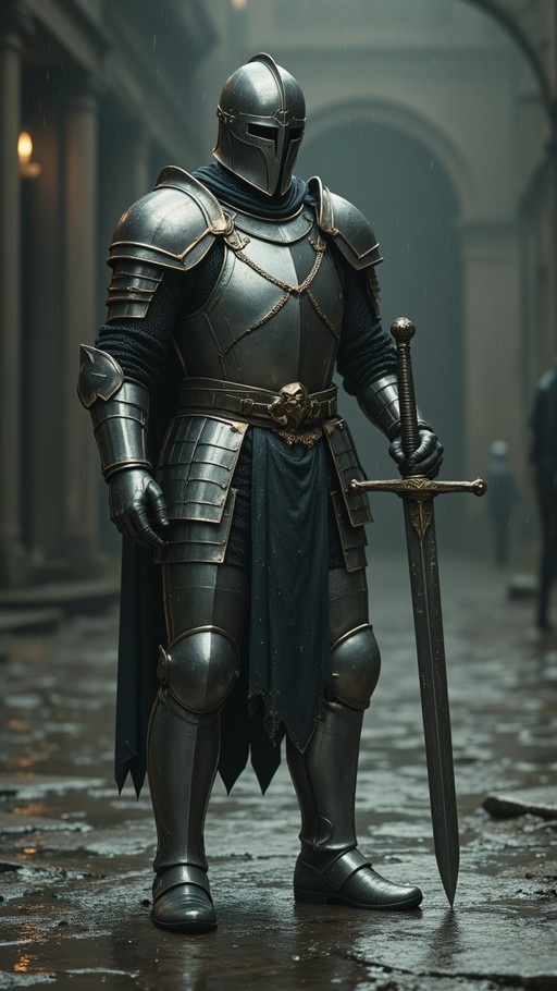 A full-body shot of a knight in dark metallic plate armor and a helmet standing on wet ground while holding a longsword upright in the rain.