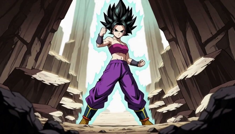 A muscular female anime warrior with spiky black hair powers up, transforming into a Super Saiyan with bright blonde hair and a glowing yellow energy aura amidst floating rocks.