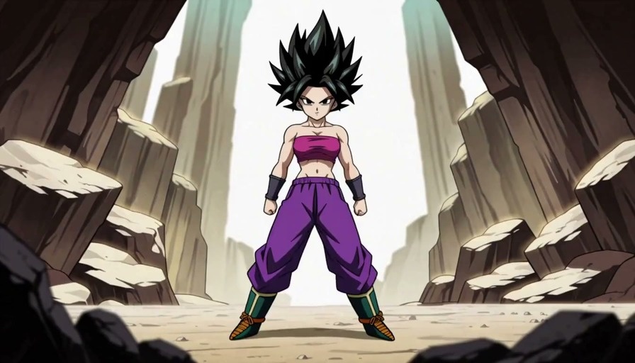 A female anime character with spiky black hair wearing purple pants and a pink top stands in a rocky canyon. She clenches her fists as her hair turns gold and a bright yellow aura surrounds her body, lifting rocks into the air.