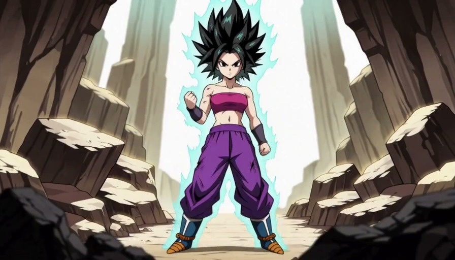 A female Saiyan warrior with black hair stands in a rocky canyon surrounded by a blue aura before transforming into a Super Saiyan with spiky blonde hair and a glowing yellow energy field.