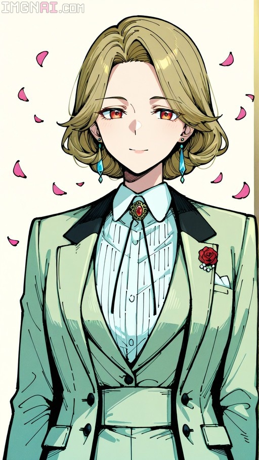 An anime-style portrait of a woman with short blonde hair and red eyes wearing a light green suit jacket over a white ruffled shirt, surrounded by falling pink petals.
