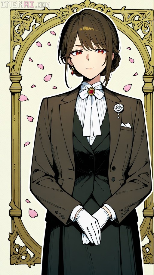 An anime-style illustration of a woman with red eyes and brown hair in an updo, wearing a formal brown suit with white gloves, standing amidst falling pink petals inside a golden arch.