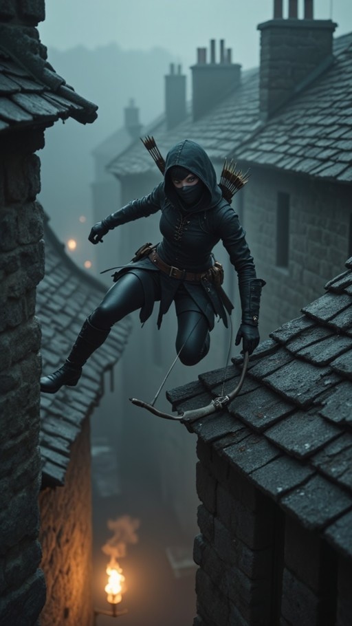 A masked woman in a black hooded outfit jumps between two slate rooftops holding a bow, with arrows on her back and a torch burning below.