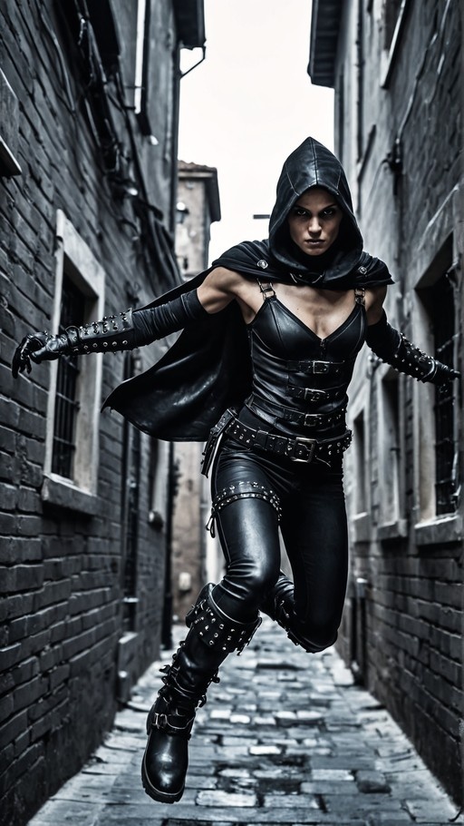 A woman in a black leather hooded cloak and studded gloves leaps through a narrow brick alleyway.