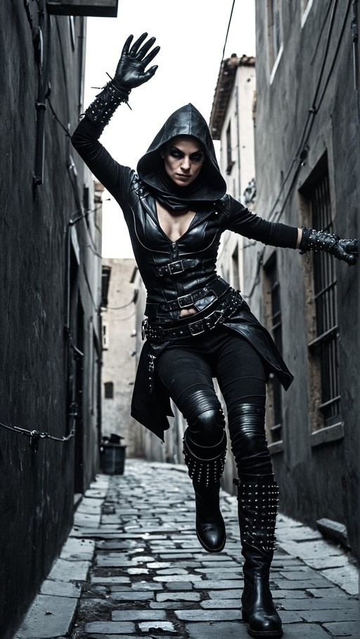 A woman in a black leather hooded outfit with spiked gloves and boots leaps through a narrow cobblestone alleyway.