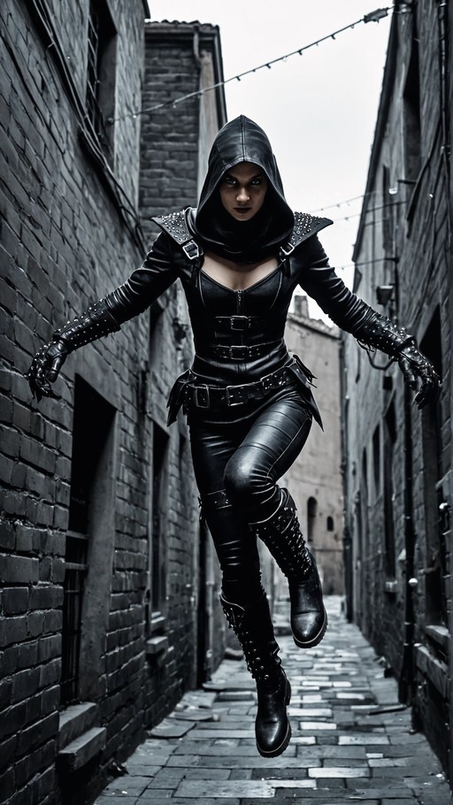 A dark-skinned woman in a spiked black leather hooded suit leaps through a narrow brick alleyway.