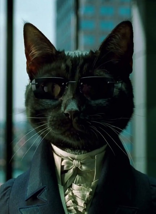 A realistic black cat wearing sunglasses and a formal suit jacket speaks dramatically while gesturing with its paw to a pink fluffy platypus creature in a cell.