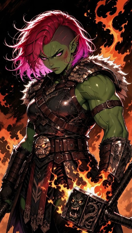 A muscular green-skinned female orc with pink eyes and an undercut hairstyle with pink streaks stands in leather armor with fur trim, raising a large war hammer decorated with a goblin head amidst flames.