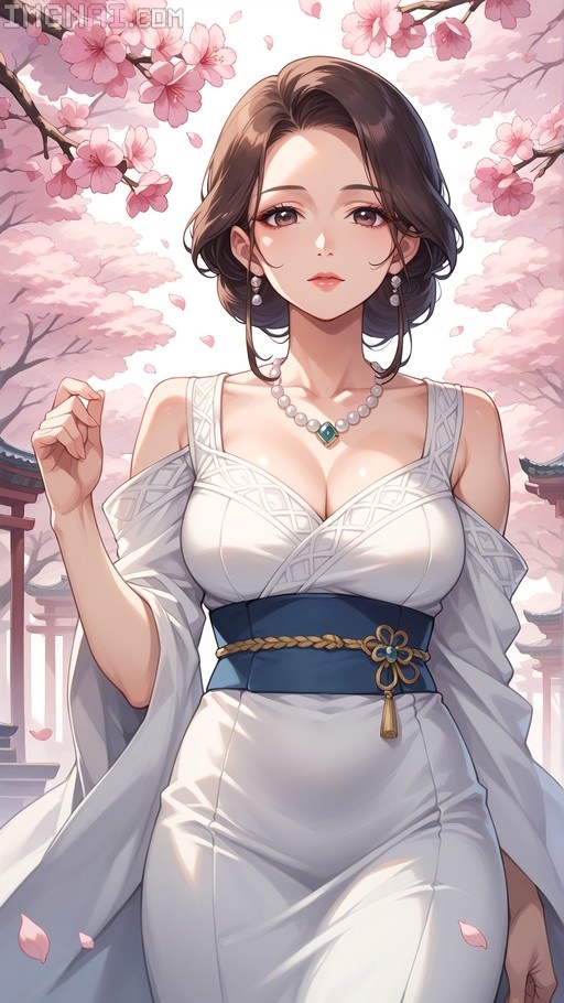 An anime illustration of a woman in a white kimono with a blue sash standing under pink cherry blossom trees.