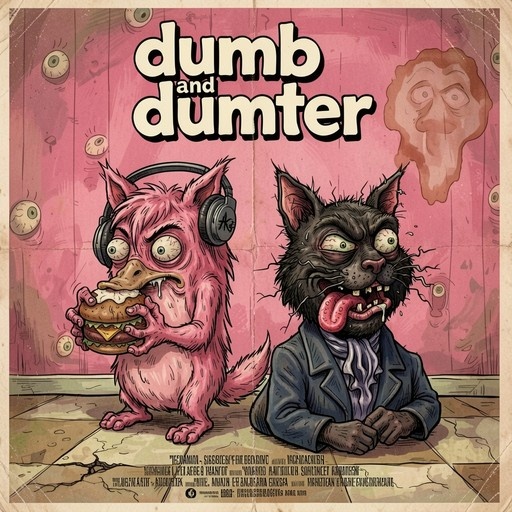 A horror-comedy style poster titled "Dumb and Dumter" shows a pink furry monster with headphones eating a burger next to a deranged black cat-like creature in a suit against a pink wall with floating eyeballs.