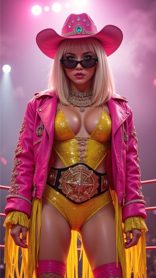 Blonde woman in pink cowboy hat and yellow leotard standing in a wrestling ring with a championship belt.
