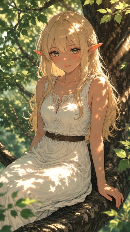 A blonde elf girl with pointed ears and green eyes sits on a tree branch wearing a white dress, smiling at the viewer with dappled sunlight on her face.