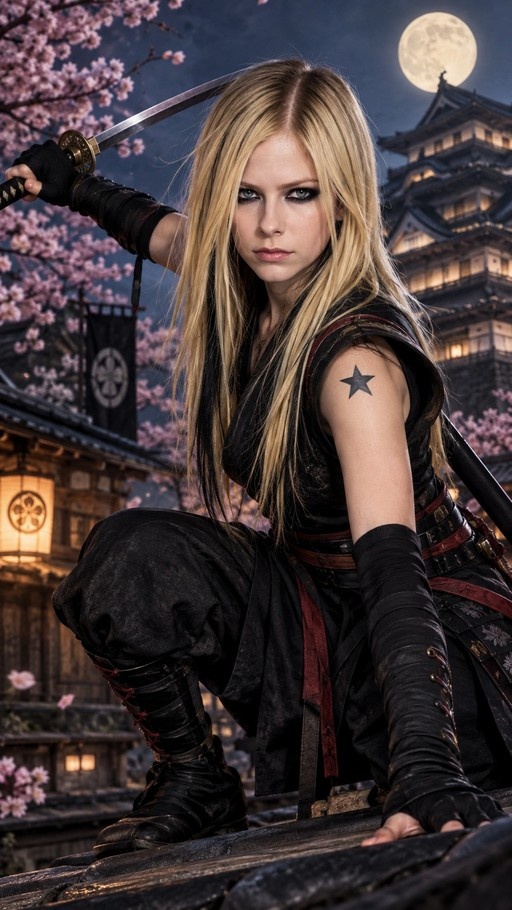 Avril Lavigne cosplaying as a ninja warrior holding a katana on a rooftop with cherry blossoms and a Japanese castle under a full moon