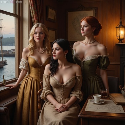 Three women in yellow, beige, and green off-the-shoulder dresses inside a wooden ship cabin with maps on the wall.