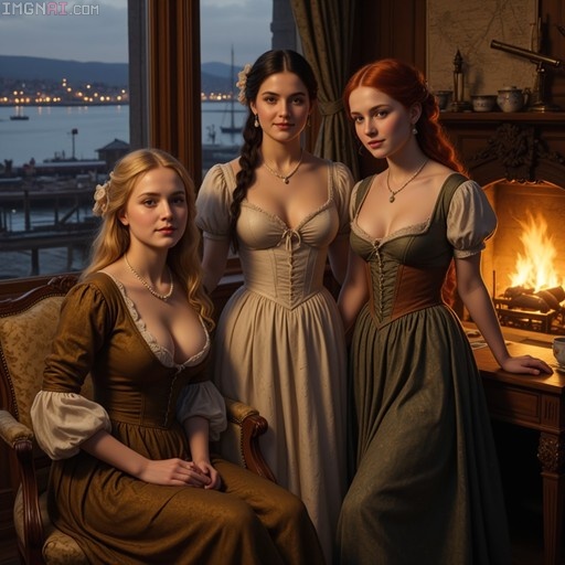 Three women in 18th-century dresses standing and sitting in a wood-paneled room with a fireplace, looking out at a harbor.