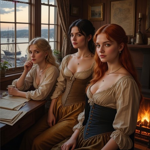 Three women wearing 18th-century corsets and blouses sit together in a wood-paneled room, with one holding a cup near a desk and a fire burning nearby.