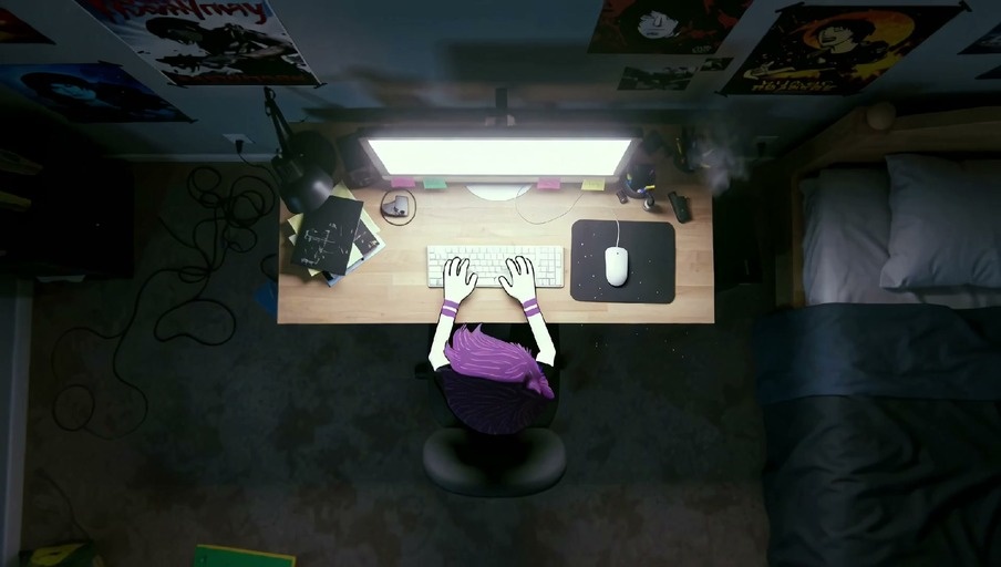 An overhead shot of a purple-haired anime boy typing at a computer desk in a dark bedroom, transitioning into scenes of him flying through space, running through flowers, and skateboarding down a skyscraper.