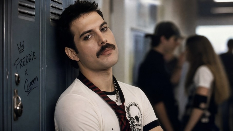 Freddie Mercury in skater style leaning against a blue school locker labeled Freddie x Queen