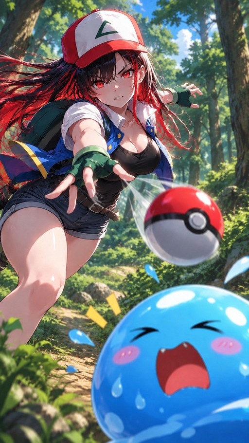 An anime-style illustration of a female trainer with red eyes and a red cap throwing a Poké Ball at a surprised blue slime creature in a forest.