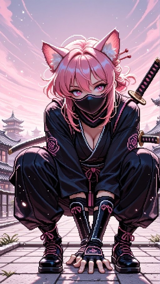 A pixel art depiction of a pink-haired female ninja with cat ears crouching on a rooftop, wearing a black kimono and holding swords, with a Japanese temple in the background under a pink sky.