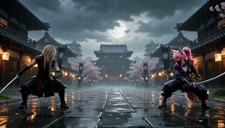 A realistic blonde woman in samurai armor fights a pink-haired fox girl with pixelated effects in the rain under a moonlit sky.