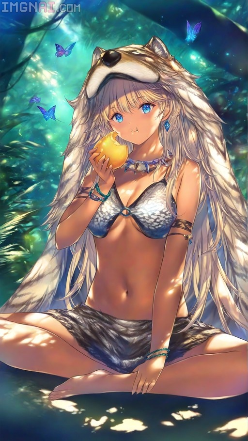 Anime-style girl with long white hair and wolf headpiece eating yellow fruit in jungle with blue butterflies.