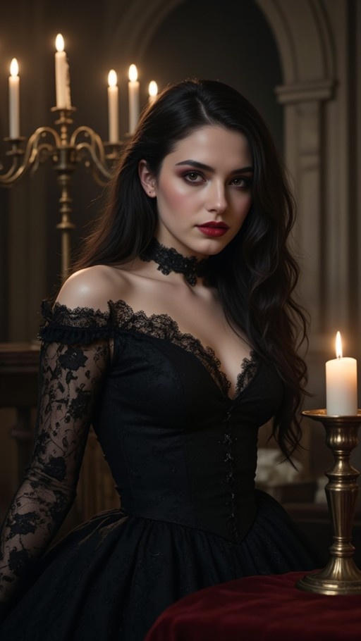 A woman with long dark hair and red lipstick wearing a black off-the-shoulder lace dress stands indoors next to a lit candle on a table with a candelabra in the background.