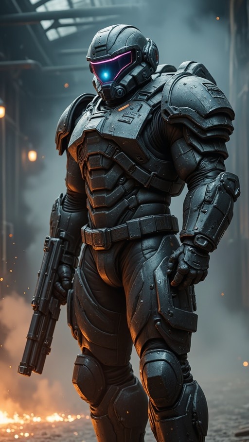 A male soldier in heavy black power armor holds a large rifle while standing in a smoky area with sparks flying. He wears a helmet with a glowing blue and pink visor.
