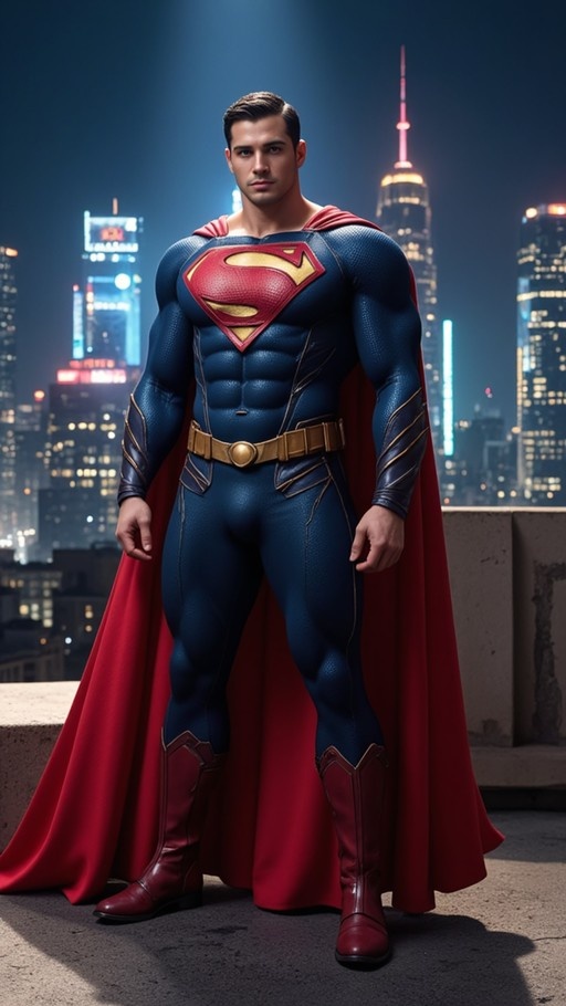Superman standing on a rooftop overlooking a city at night