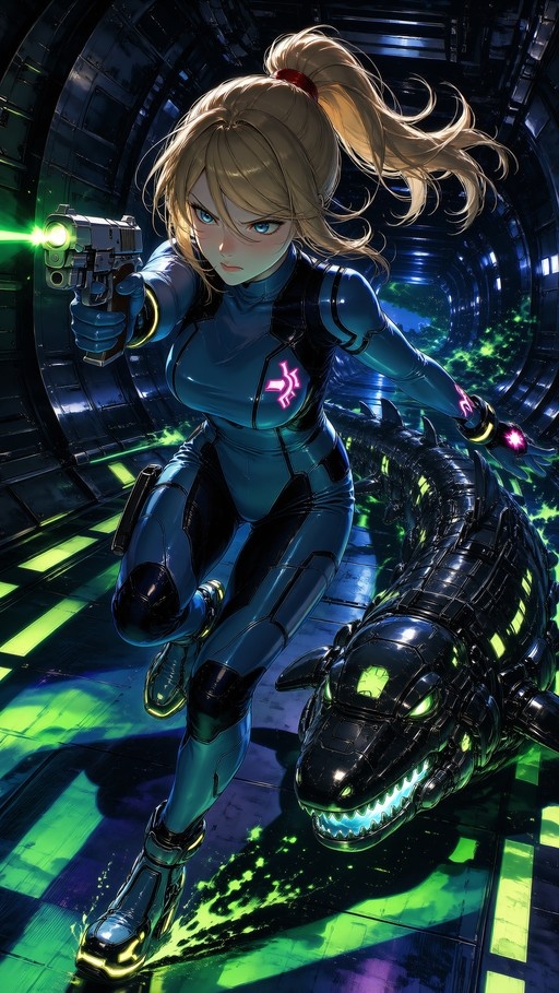 Samus Aran in a blue zero suit aiming a green energy gun next to a robotic crocodile