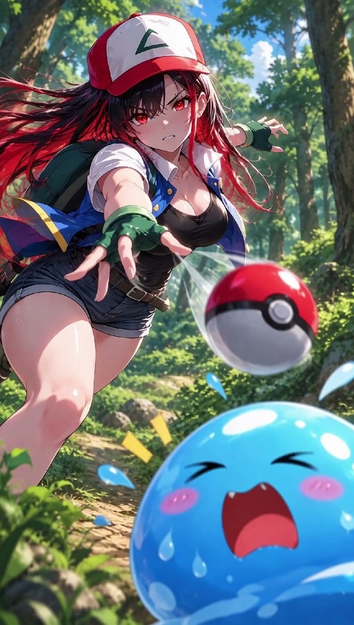 An anime-style girl with red-tipped hair throws a Poké Ball at a blue slime creature in a forest and then hugs it.