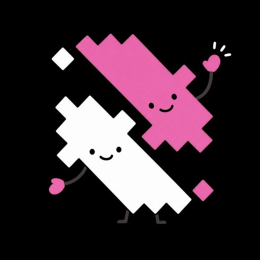 A white and a pink blocky pixelated character with smiley faces holding hearts against a black background.