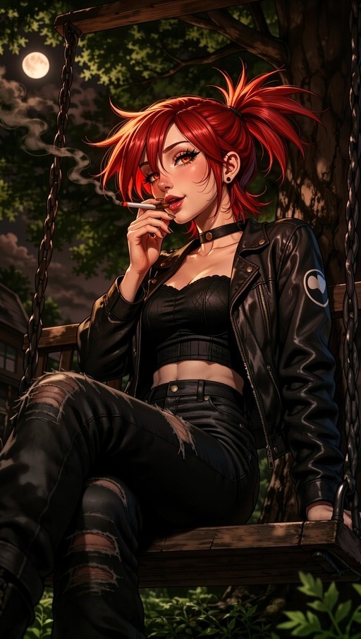 A red-haired woman in a leather jacket and ripped jeans sits on a wooden swing at night, smoking a cigarette under the light of a full moon.