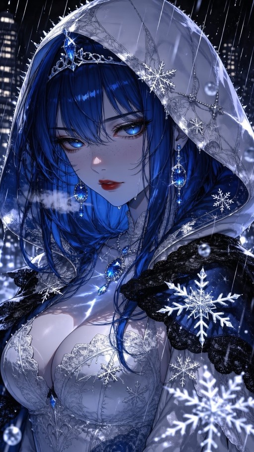 Anime girl with long blue hair, blue eyes, wearing a tiara and hooded cloak surrounded by snowflakes at night.
