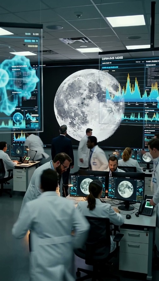Scientists in lab coats monitor large screens showing the moon before the scene cuts to space where the lunar surface splits open to reveal computer servers inside.