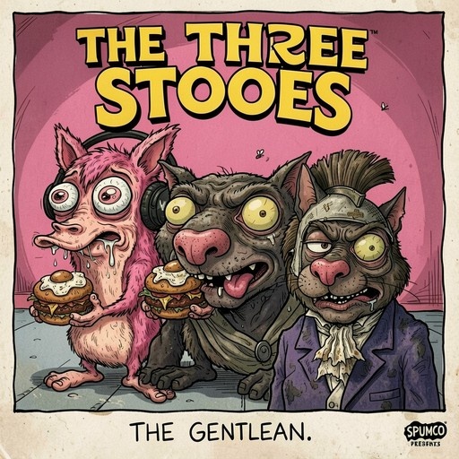 A colorful illustration of three anthropomorphic animal characters resembling the Three Stooges holding burgers with eggs, with text reading "The Three Stooges" and "The Gentlean."