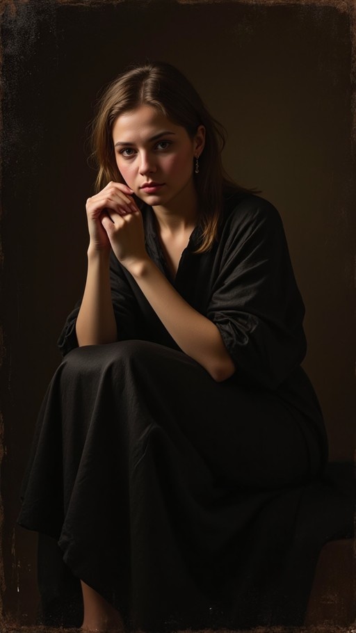 A realistic portrait of a young woman with long brown hair wearing a black dress and earrings, sitting with her hands clasped near her face against a dark background.