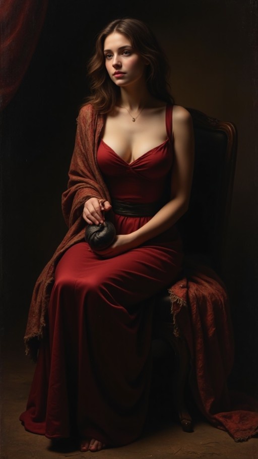 A realistic digital painting of a young woman with long brown hair wearing a red slip dress and shawl, sitting on an ornate chair barefoot and holding a dark round object against a dark background.