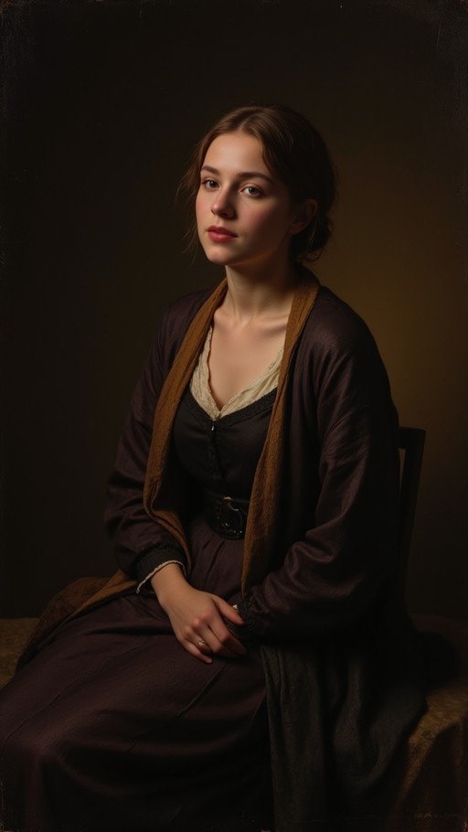 A young woman with brown hair sits on a chair wearing a dark dress and shawl in a classical oil painting style.