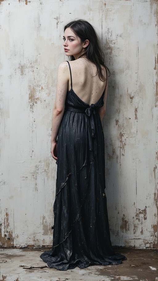 A woman with long dark hair in a tattered black backless dress stands against a distressed white wall and looks over her shoulder at the viewer.
