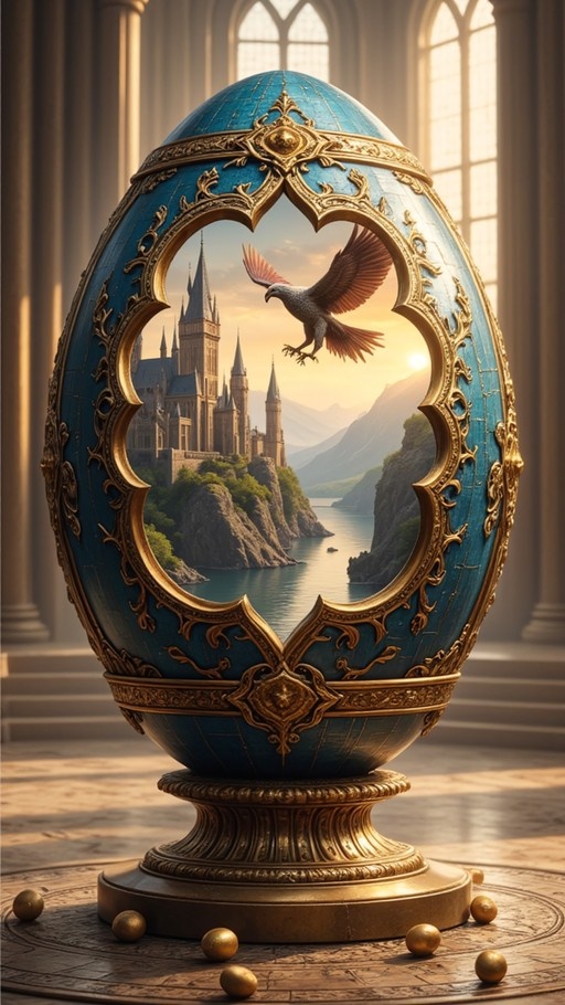 A large blue egg with gold decorations stands indoors, showing a fantasy castle and bird through an opening.