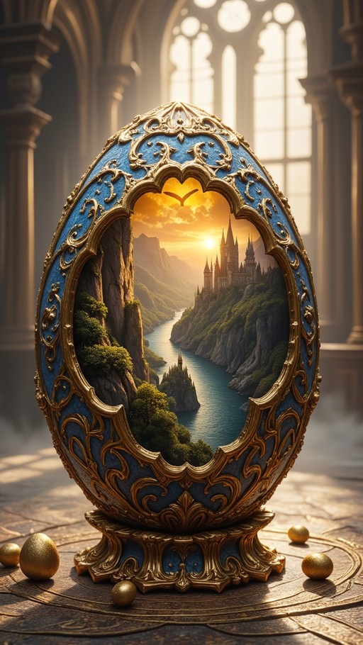 An ornate blue and gold Fabergé-style egg standing on a stand in a cathedral, with an opening revealing a fantasy landscape of a castle by a river at sunset.