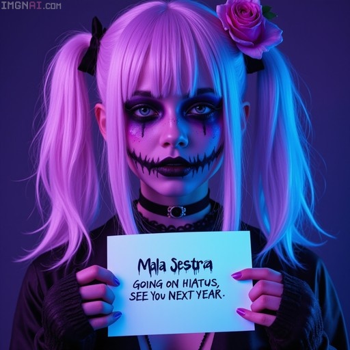 A young woman with pink twintails and heavy gothic makeup, including a stitched mouth and running tears, holds a white card reading "Mala Sestra Going on Hiatus See You Next Year" under neon lights.