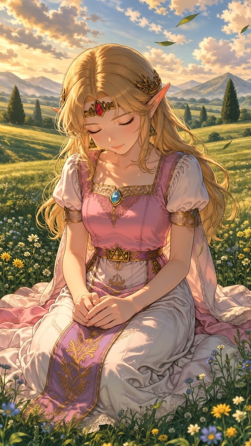 Princess Zelda sitting in a grassy field with eyes closed.