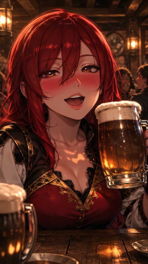 Erza Scarlet with red hair blushing while holding a large beer mug at a wooden table.