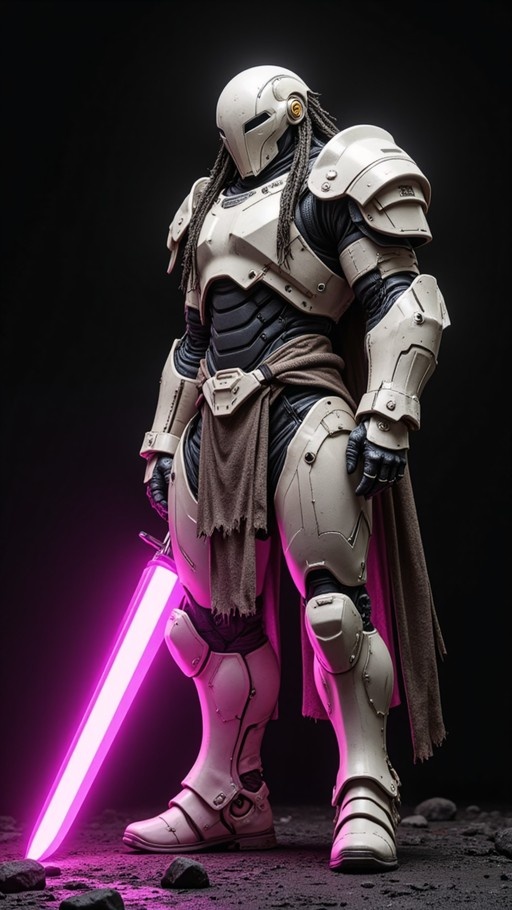 A full-body digital illustration of a stoic armored warrior with a helmet and dreadlocks standing in a dark void while holding a glowing magenta energy sword that rests on the rocky ground.